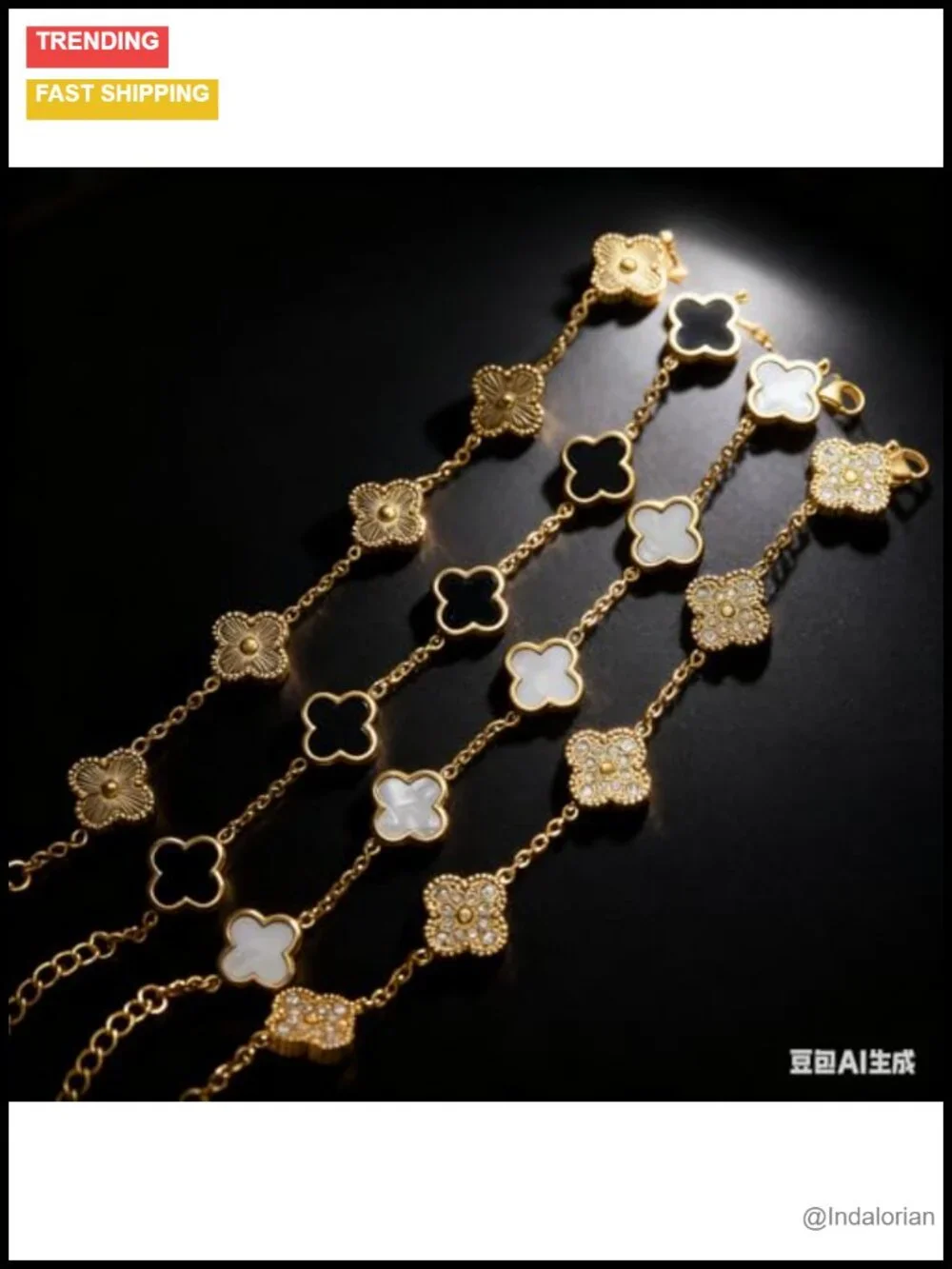 18K Gold Plated Stainless Steel Four Leaf Clover Link Bracelet Set Adjustable